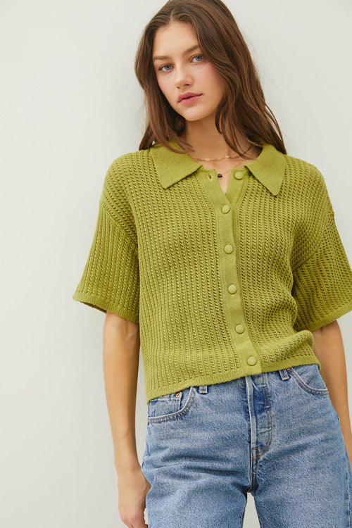Pistachio Knit Crochet Short Sleeve Button Down Shirt