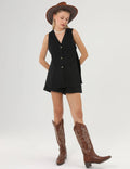 V-Neck Splice Long Vest Set