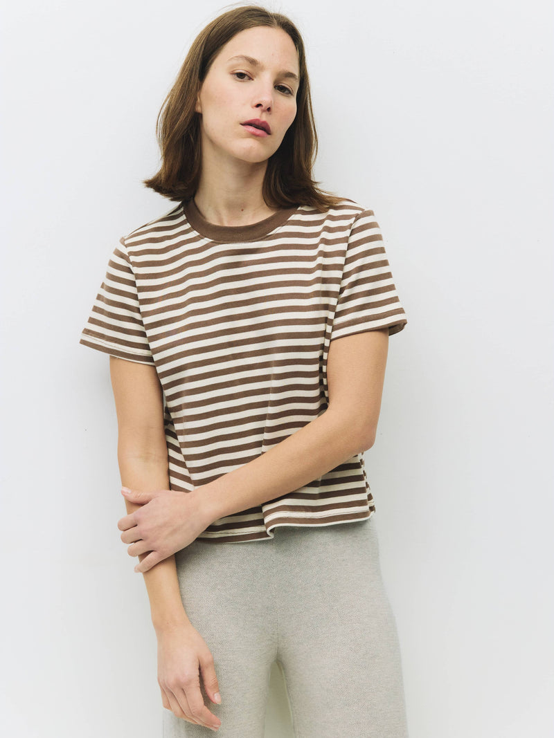 The Cooper Top | Striped T-Shirt Contrast with Neck Band: BROWN/WHITE / SMALL