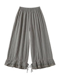 Gray wide-leg pants with lace trim on a white background