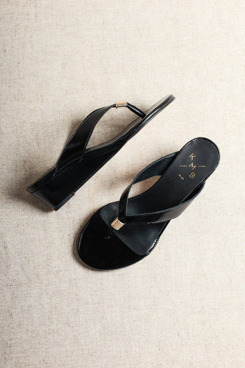 Aurora Black Leather Wedge Thong Sandals