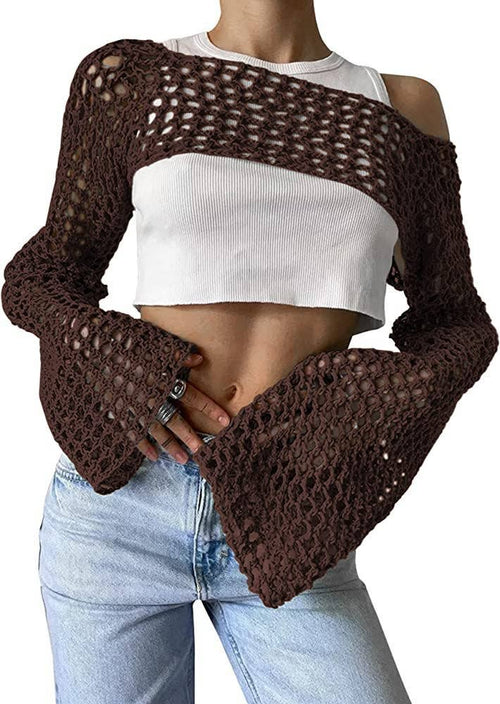 Sweetkama Ladies Solid Long Sleeves Hollow Out Knit Top: Brown