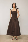 Brown Drop Waist Smocked Maxi Dress