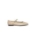 Beige flat shoe with a strap on a white background