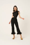 Anita Feather Trim Straight Cut Pants: Black / Small
