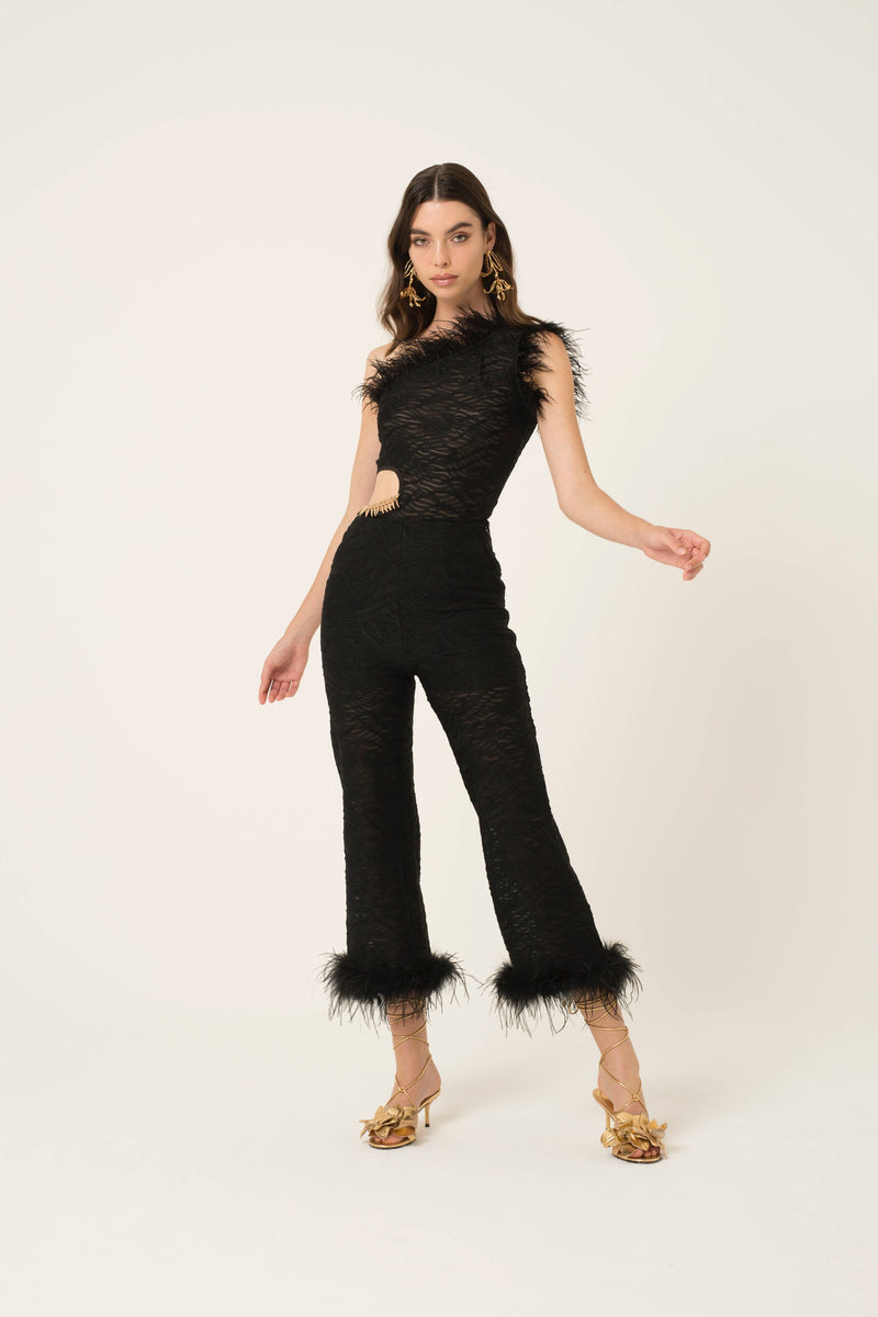 Anita Feather Trim Straight Cut Pants: Black / Small