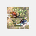 Two glass alligator clips with colorful spiral shells, displayed on their branded cardboard backing labeled 'Chunks' and 'Alligator Clips'.