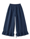 4029 WIDE LINEN PANTS WITH EYELET EMBROIDERY: Black