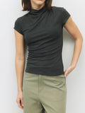 close up of grey slouchy cowl neck tee.