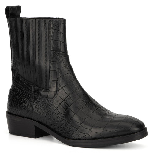 Black crocodile-patterned boot on a white background