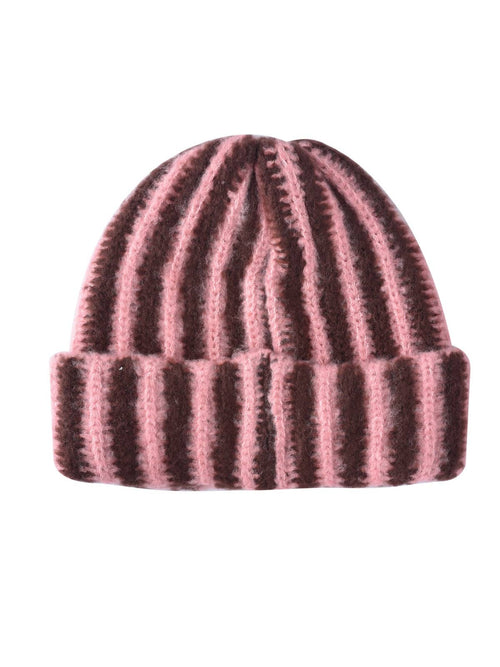 Pink and brown striped beanie on a white background