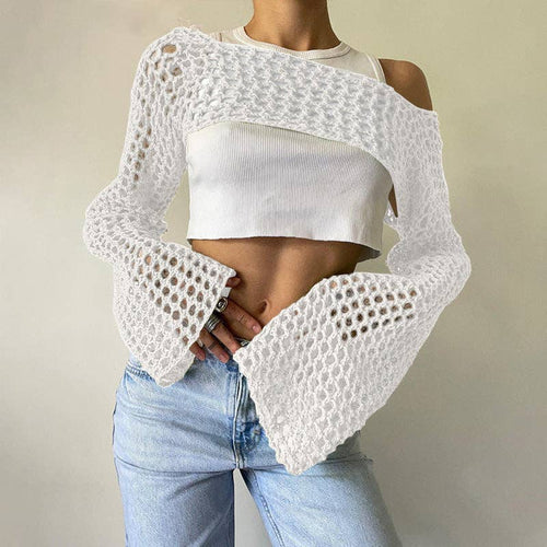 Long Sleeves Hollow Out Knit Top: White