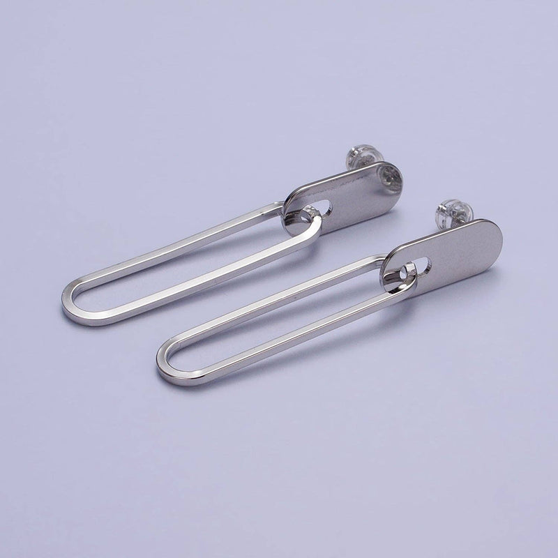 Rectangular Oblong Link Dangle Drop Stud Earrings in Gold & Silver | AB164 AB165: Silver