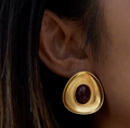 Downton Red Jasper Caboch Retro 18K Gold Button Stud Earring