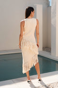 Lacey Cream Knit Dress with Asymmetrical Fringe