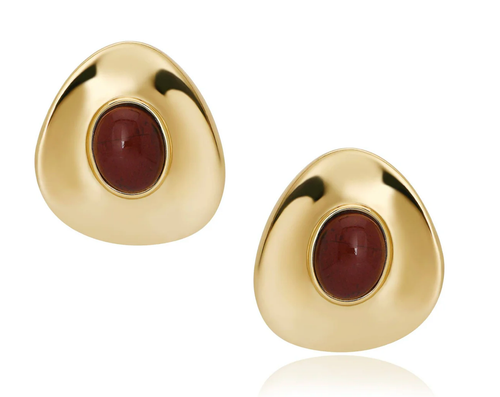 Downton Red Jasper Caboch Retro 18K Gold Button Stud Earring