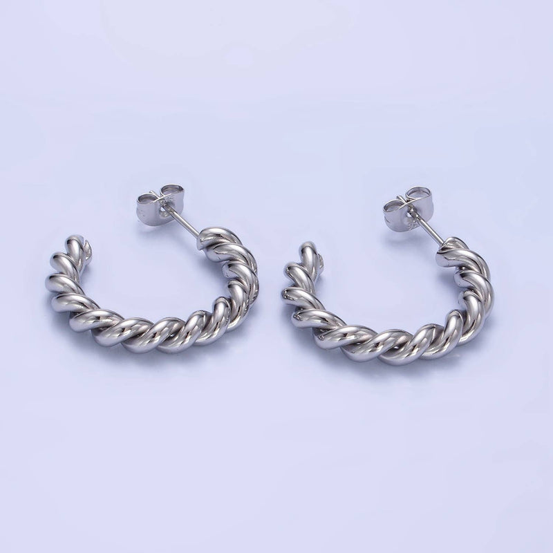 Stainless Steel 25mm Rope Croissant C-Shaped Hoop Earring: SLIVER