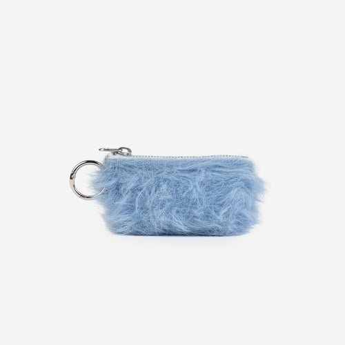 Blue fluffy keychain pouch on a white background