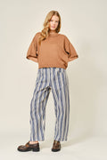STRIPED COTTON BARREL PANTS: NAVY STRIPE
