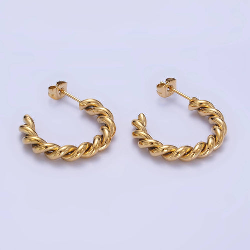 Stainless Steel 25mm Rope Croissant C-Shaped Hoop Earring: GOLD