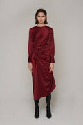 Amelia Asymmetrical Ruche Midi Dress: Wine / Medium