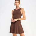 RIBBED SLEEVELESS SKATER KNIT MINI DRESS- CHESTNUT