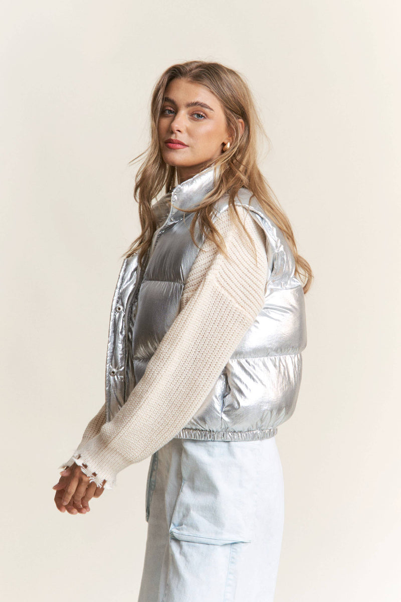 Silver Shiny Metallic Puffer Snap Button Vest