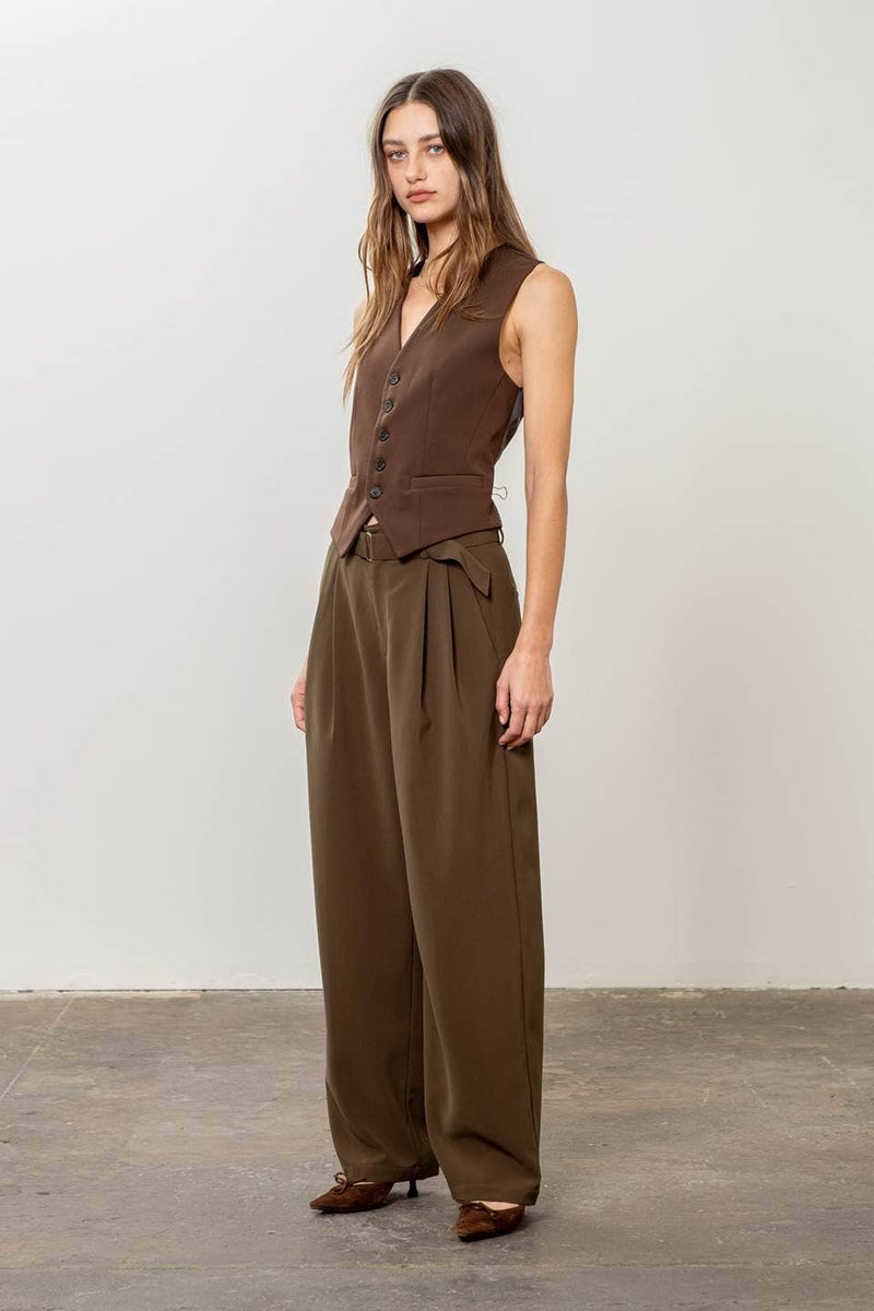 Brown Pleated Pants with Belt
