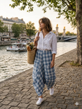 6633C LINEN SKIRT WITH POCKETS, VICHY CHECK PATTERN: Yellow