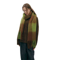 Woman wearing a green and brown plaid scarf on a white background