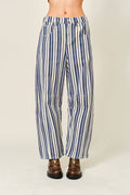 STRIPED COTTON BARREL PANTS: NAVY STRIPE