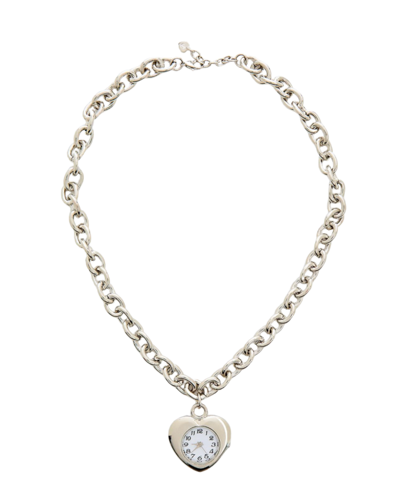 Watch Necklace- Steel Chain , Heart Shaped, Really Works: Silver