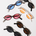Collection of oval-shaped sunglasses with different colored lenses on a white background