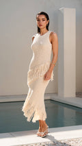 Lacey Cream Knit Dress with Asymmetrical Fringe