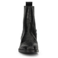 Black crocodile-patterned leather boot on a white background