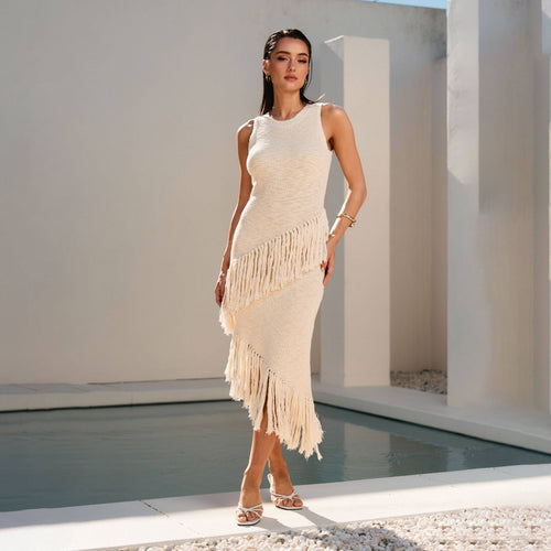 Lacey Cream Knit Dress with Asymmetrical Fringe