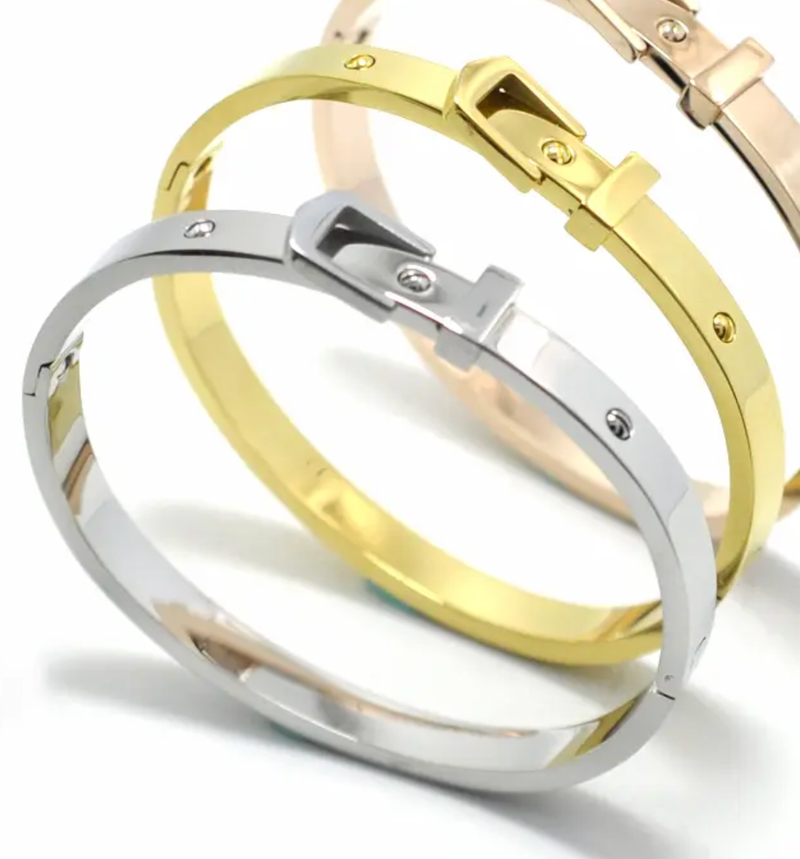  Buckle Bangle Bracelet- Hinged- Stainless Steel - Cuff : Silver