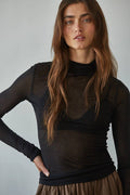 Knit Tencel Jersey Turtleneck Long Sleeve Sheer Top