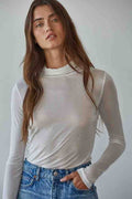 Knit Tencel Jersey Turtleneck Long Sleeve Sheer Top
