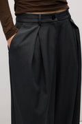 Close-up of a person wearing dark charcoal pleated wide-leg trousers with a button waistband, paired with a brown long-sleeve top against a light gray background.