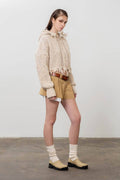 ROUGH HEM HOODIE KNIT JACKET: OATMEAL