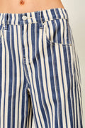 STRIPED COTTON BARREL PANTS: NAVY STRIPE