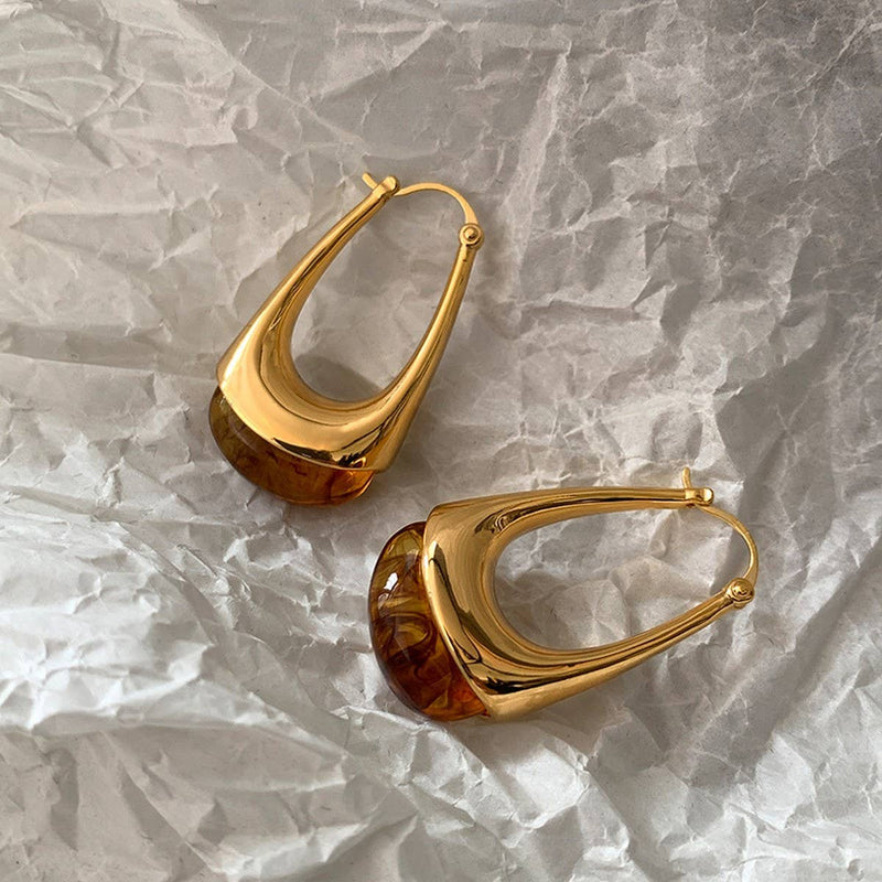 Green Amber Resin Teardrop Earrings_CWAJE06456: Brown / (OS) 1