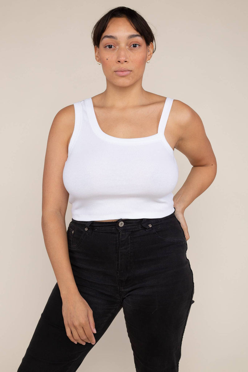 Asymmetrical Strap Crop Rib Tank: Ivory / Small