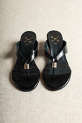 Aurora Black Leather Wedge Thong Sandals