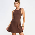 RIBBED SLEEVELESS SKATER KNIT MINI DRESS- CHESTNUT