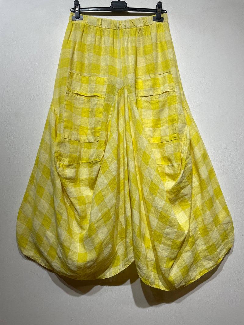 6633C LINEN SKIRT WITH POCKETS, VICHY CHECK PATTERN: Yellow