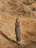 The Sab Skirt | Plaid Crinkle Midi Skirt: BROWN / SMALL