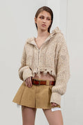 ROUGH HEM HOODIE KNIT JACKET: OATMEAL