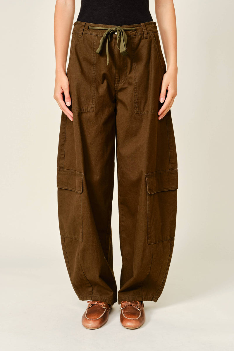 AJP6166 UTILITY BARREL WAIST TIE CARGO PANTS: KAHKI / S-M-L (2-2-2)